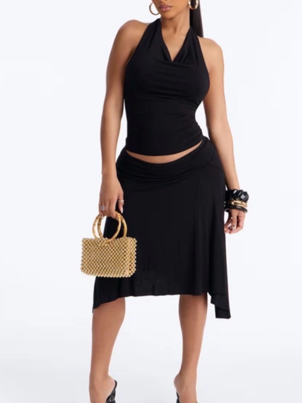 SHEIN Black Asymmetrical Midi Skirt with Draped Waist